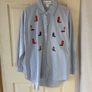 Casey Coleman Blouse with western boots appliqués.